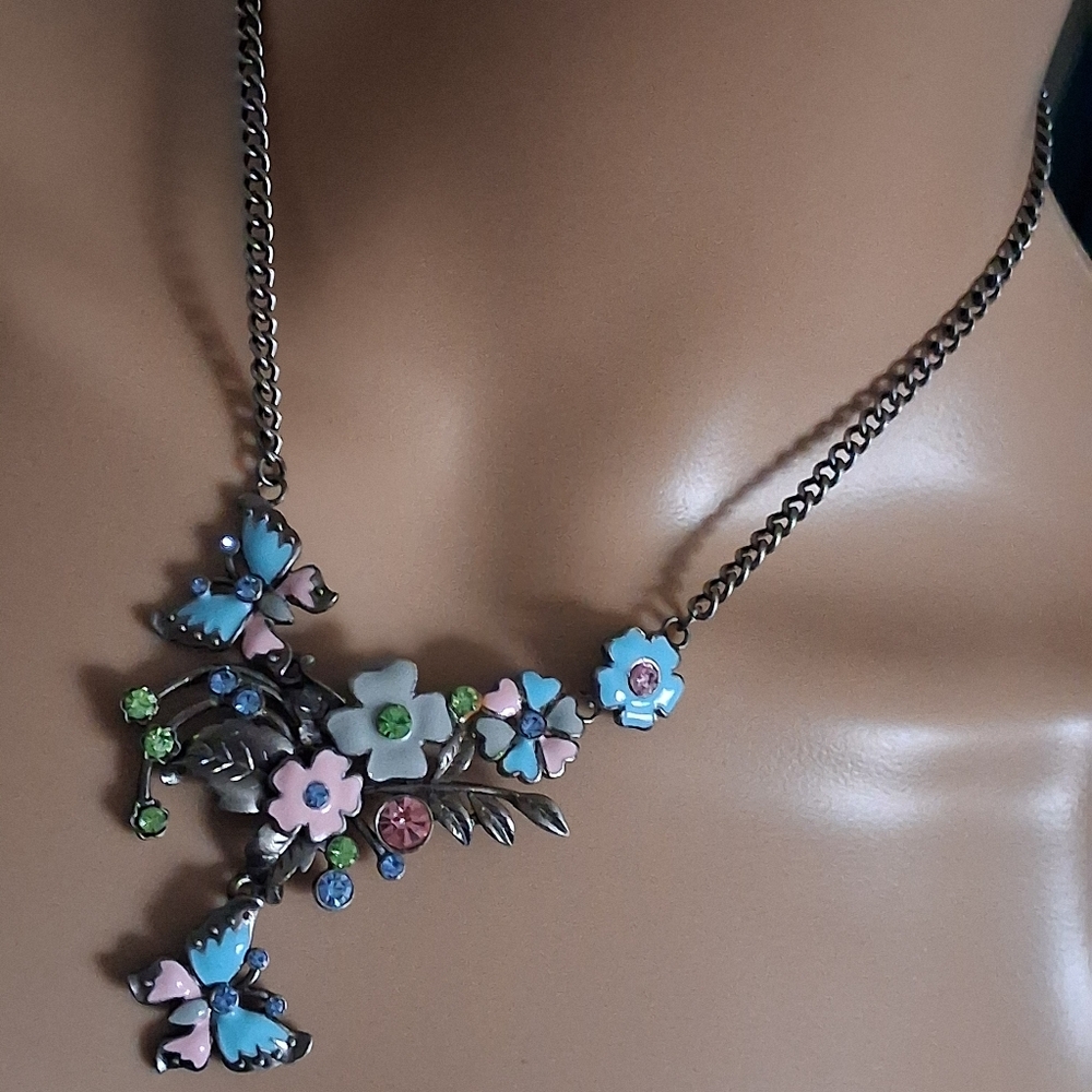 Silvertone Floral Butterfly Necklace with Blue and Pink Accents - Picture 2 of 10
